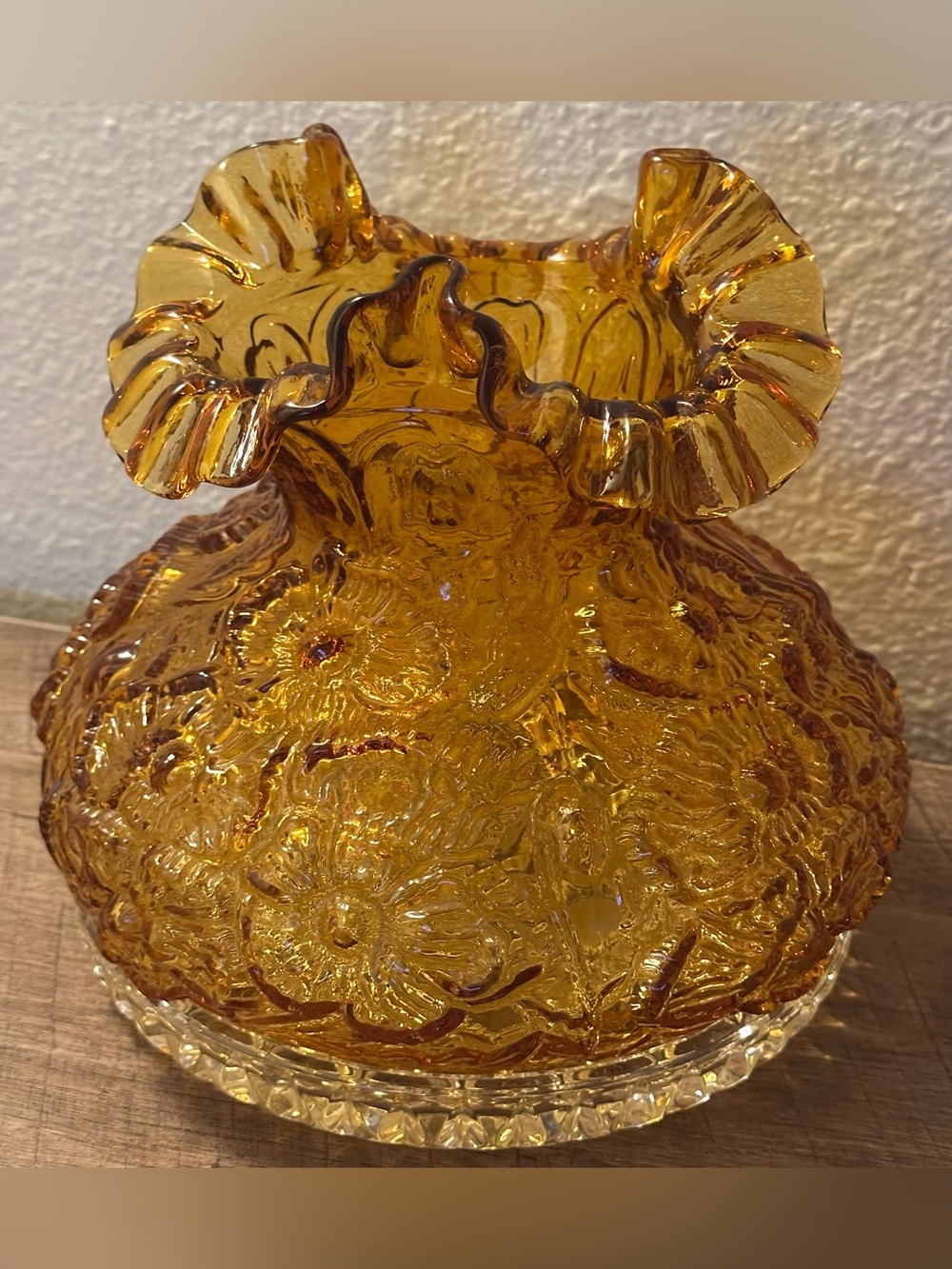 Vintage Fenton Large Glass Lamp Shade - Poppy Pattern Ruffled Edge Amber